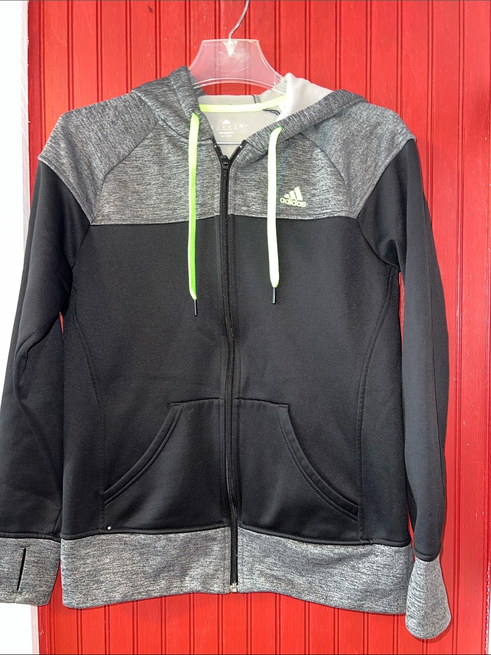 Men’s Adidas Black & Gray Zip Hoodie with Neon Lime Drawcords M